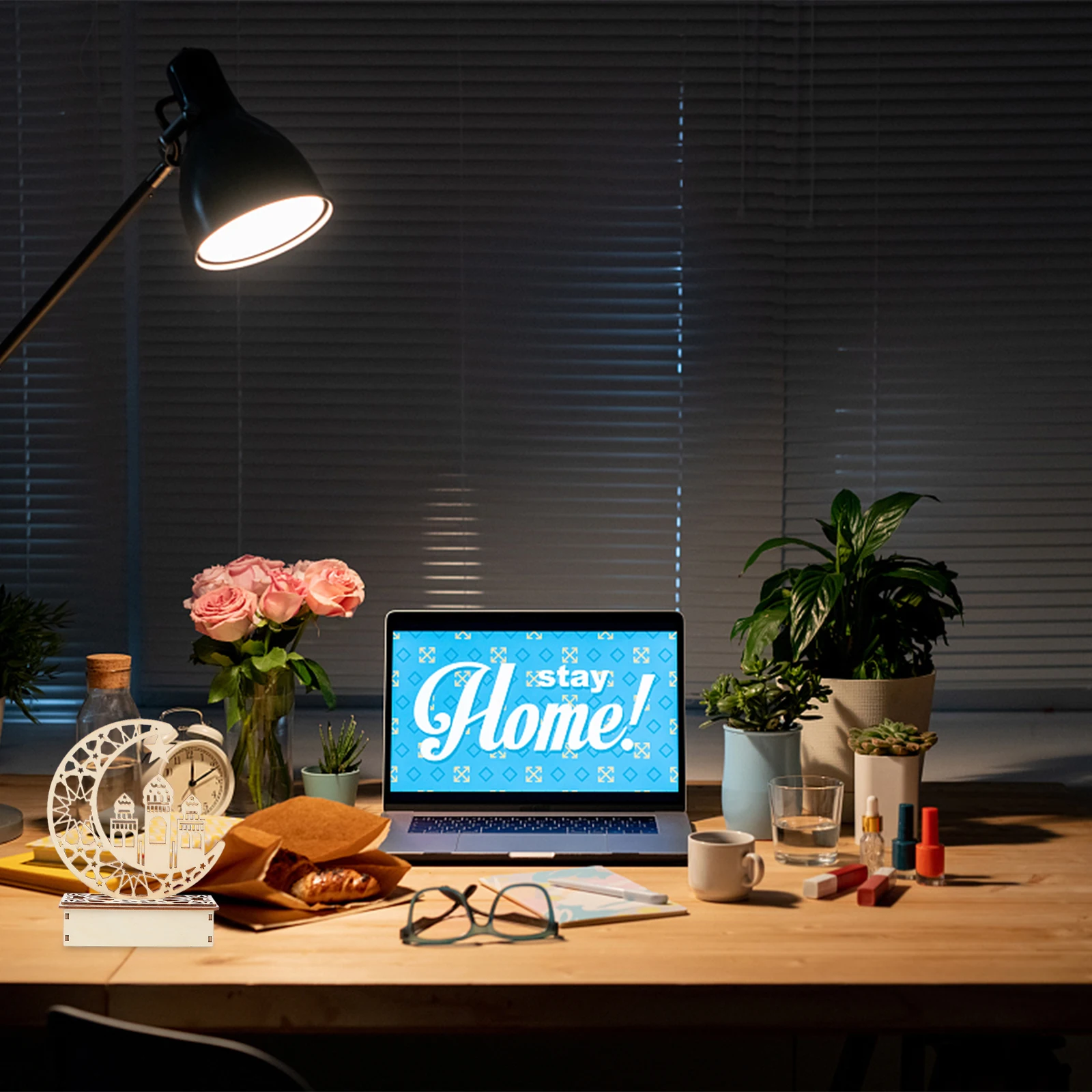 3Pcs Hollow Wooden LED Ornament Eid Mubarak Ramadan Festival Home Decoration DIY LED Palace Eid Wooden Ornament