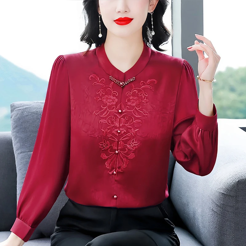 2025 Autumn New Fashion Embroidered Jacquard Shirt Elegant Fashion Satin Tops Pearl Button Long Sleeve OL Blouse