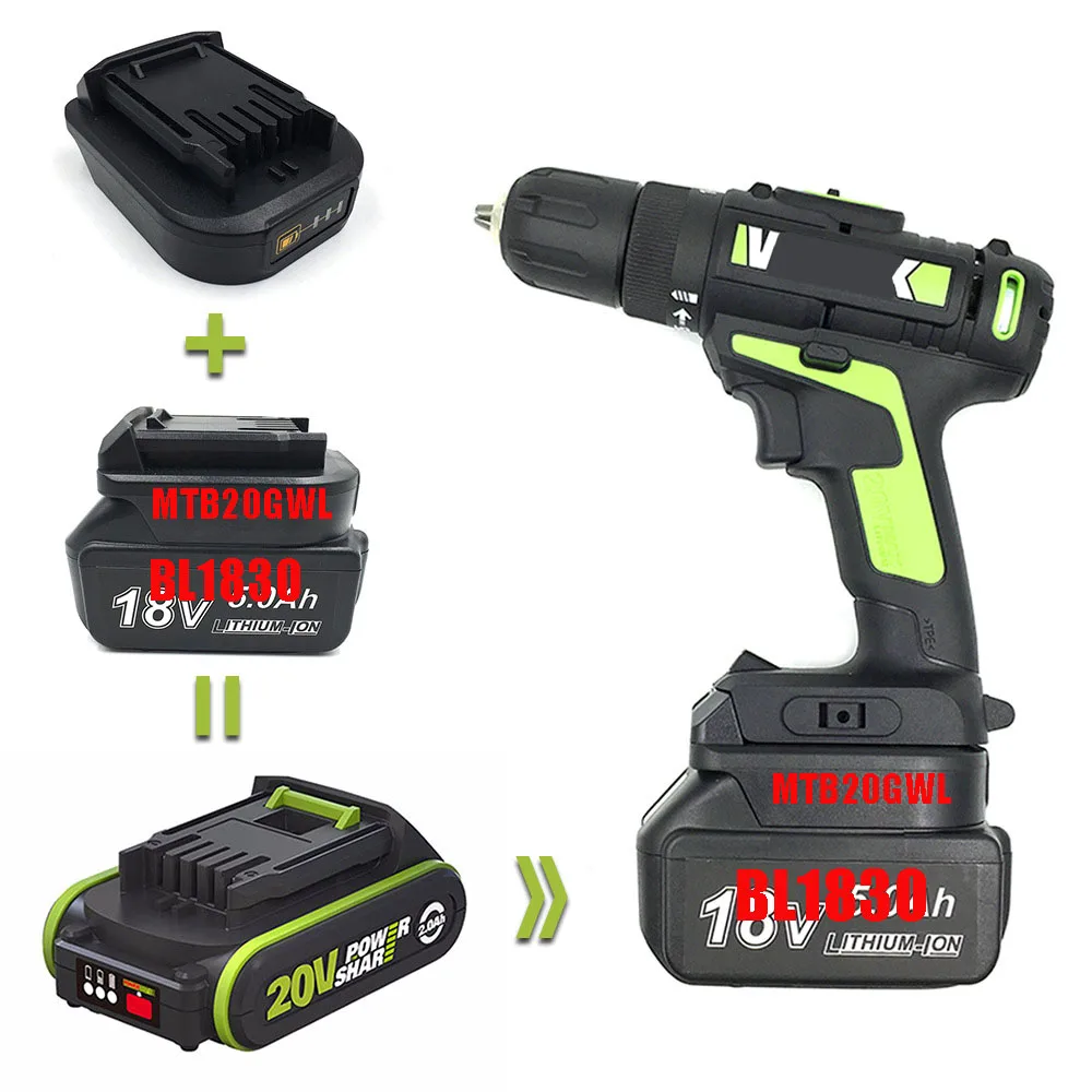 Adapter mtb18gwl dwb20gwl mwb18gwl dvb20gwl voor makita voor dewalt voor milwaukee voor devon li-ion batterij voor worx groene 20v tool