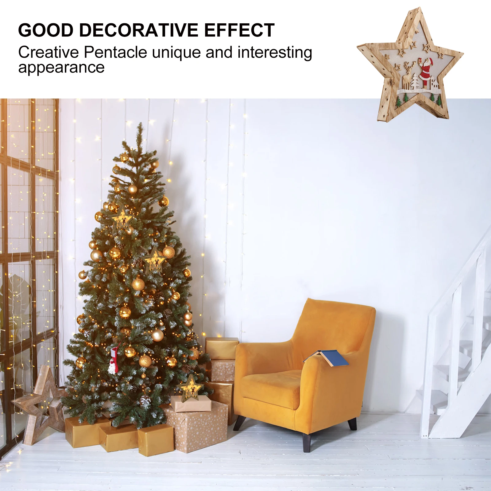 

Pentagram Night Light Christmas Supplies Wooden Craft Lamp Star Lighting Five-pointed Ornaments Decorations