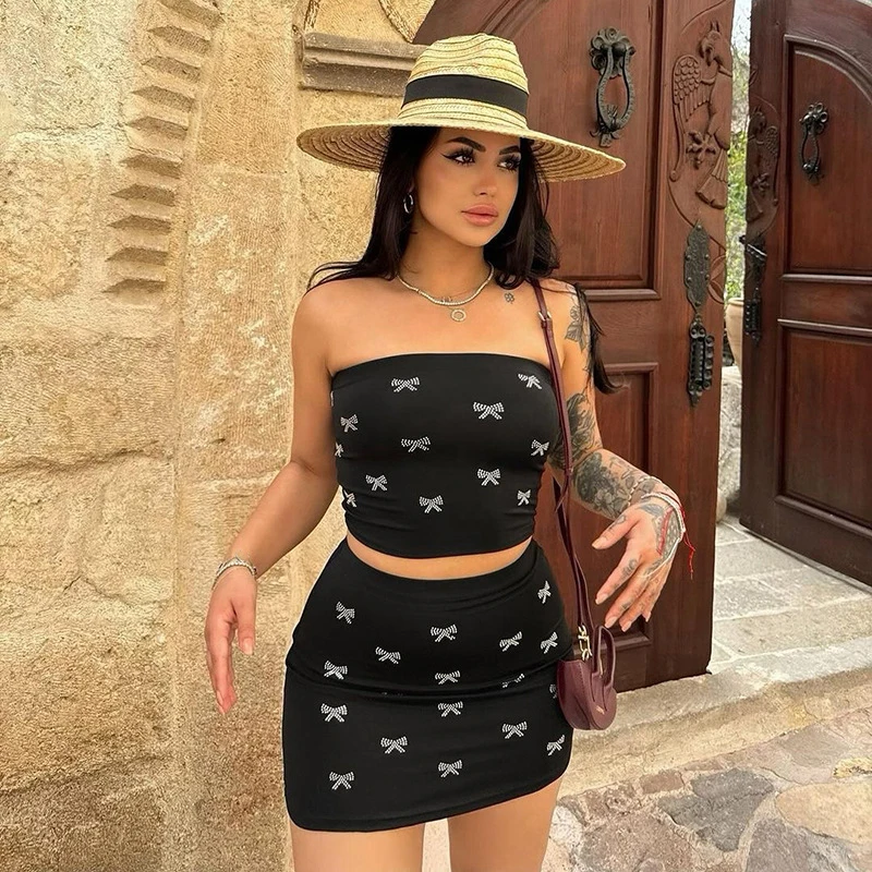 Brown Print American Sexy Mini Skirt Strapless Tops Vintage Women Bodycon Chic 2 Piece Set Summer Y2K Fashion Streetwear Clothes