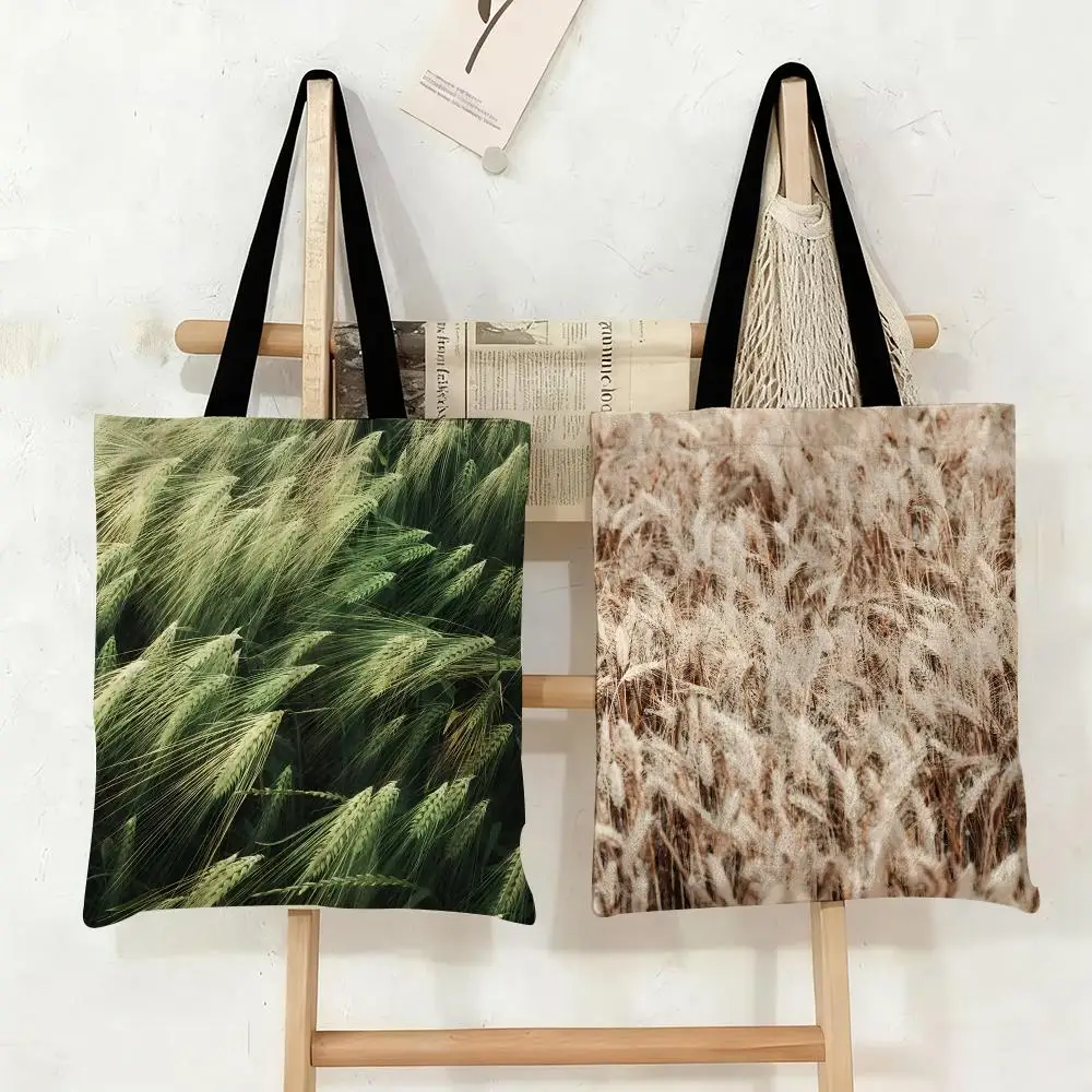 Aesthetic Beige Art Storage Bags Canvas Tote Bag Large Capacity Double-Sided Print Reusable Shopping Bag Shoulder Bag