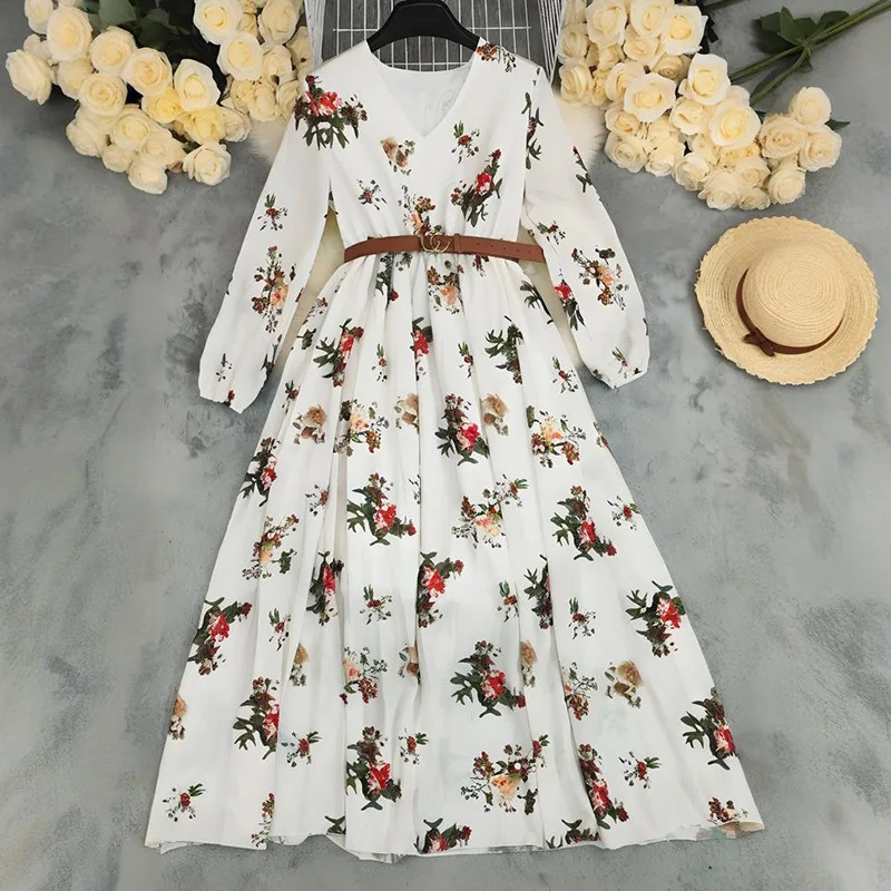 เดรสผู้หญิงลายโบฮีเมียน เสื้อเชิ้ตสไตล์ฝรั่งเศส แฟชั่นทรงเอ ชุดฤดูร้อน คอวี กระชับเอว เสื้อผ้าลำลอง แขนยาว