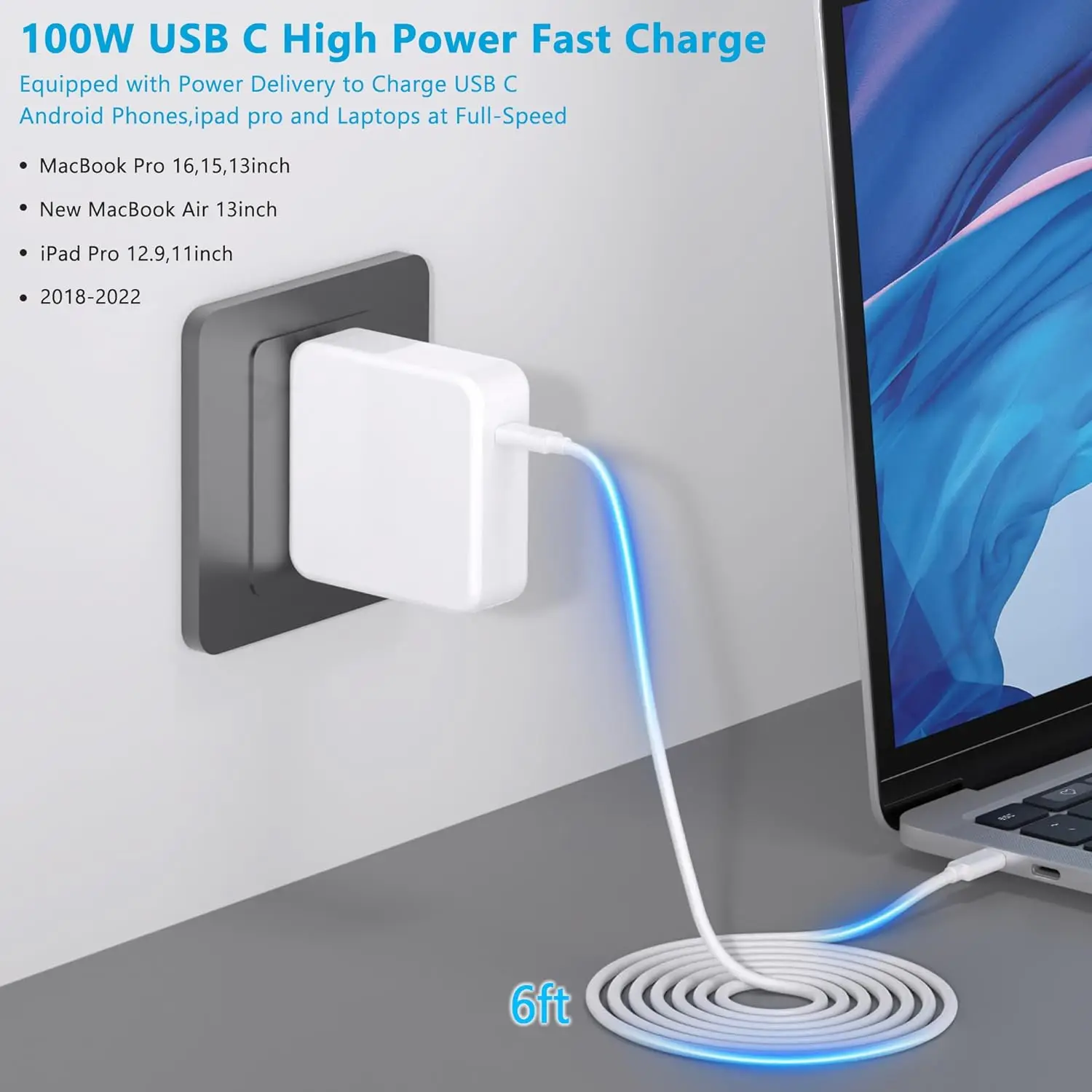 شاحن USB C 100 وات شحن سريع لجهاز MacBook Pro/Air 16 15 14 13 بوصة، iPad Pro وجميع أجهزة USB C، محول طاقة للكمبيوتر للسفر