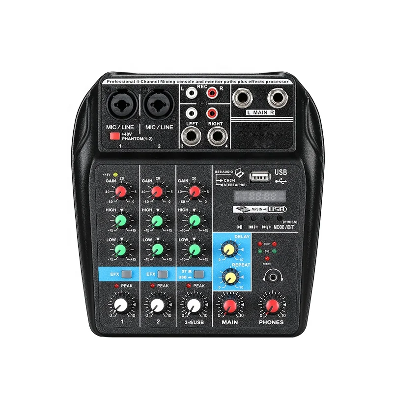 

Brand New Professional Mini 4 Channel Music Sound Audio DJ Console Digital Audio Music Mixer for Home Karaoke
