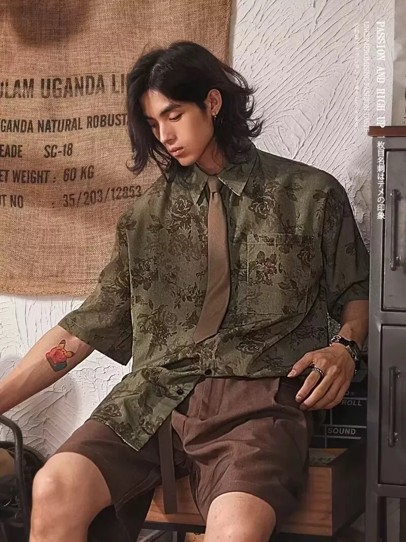 Men Boy Vintage Bow Tie Print Shirts Tops Male Trendy Japanese Blouse Streetwear Pockets Daily Travel Casual Relax Leisure Tees
