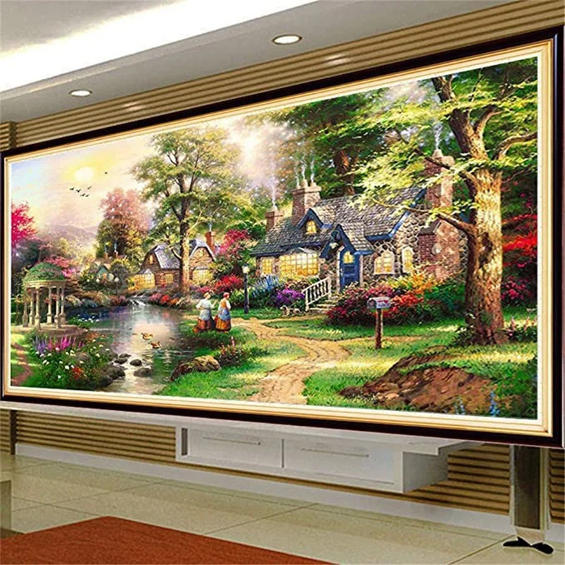 Pastoral Scenery Diamond Painting Cross Stitch Embroidery Landscape Rhinestone Pictures, Living Room, Home Decor, Full Drill, 5D