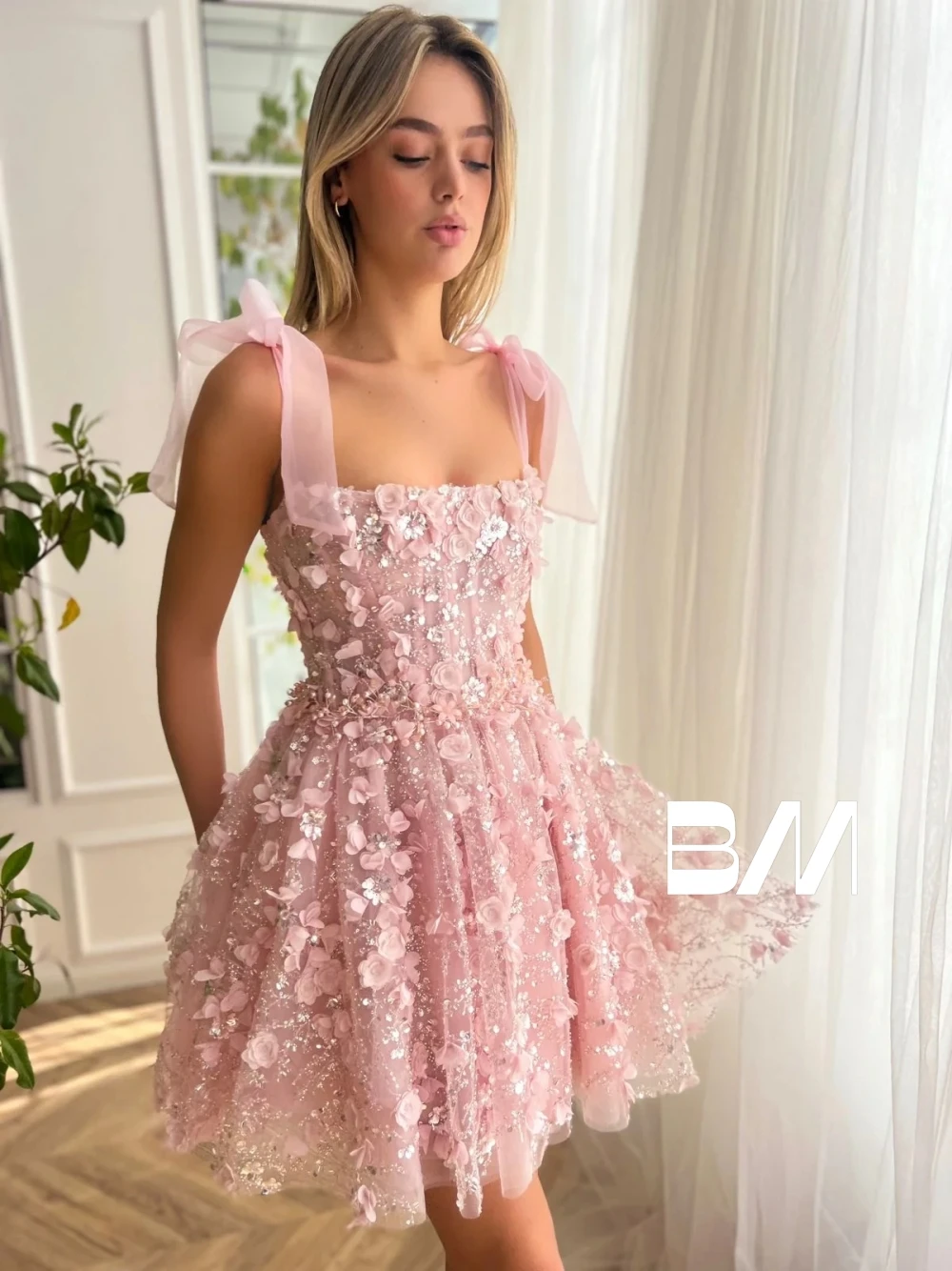 Glamour A Line Pink Short Evening Dress Classy Flower Party Prom Gown Customized Celebrity Simple Women Cocktail Homecoming Wear