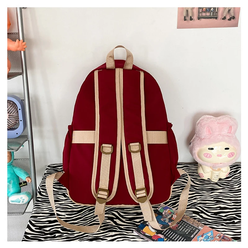 Retro Contrasting Color Backpack Large Capacity Nylon Backpack Student Fashion Simple School Bag Travel Zipper Laptop Rucksack
