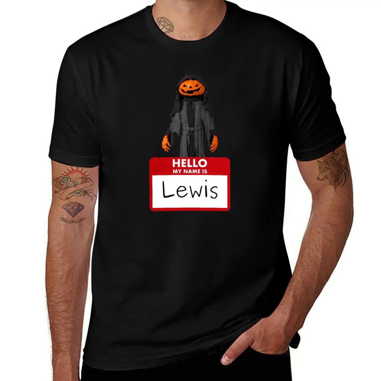 

My name is Lewis pumpkin man with name tag T-Shirt t shirts for man slim fit t shirts for man graphic funny T-shirt