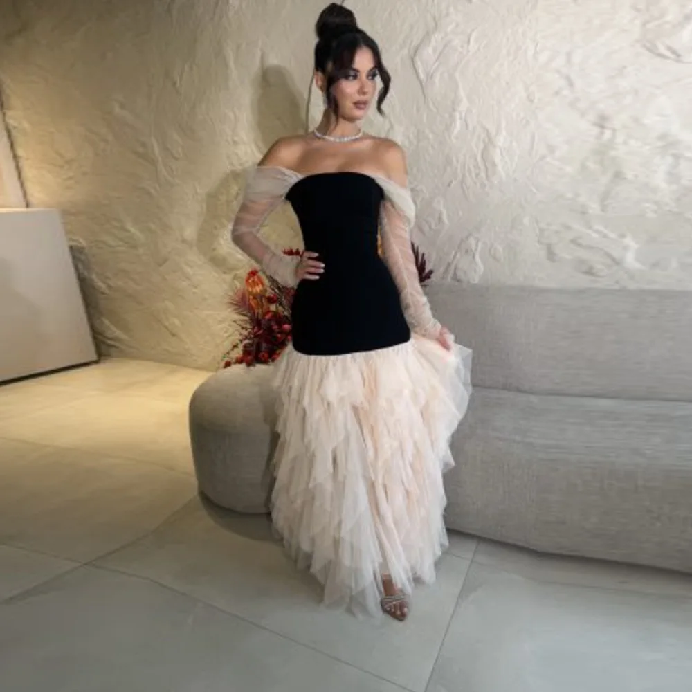 Vestidos de baile personalizados em cores contrastantes, mangas compridas, فساتudenkusو!! Vestido de festa à noite de tule com babados