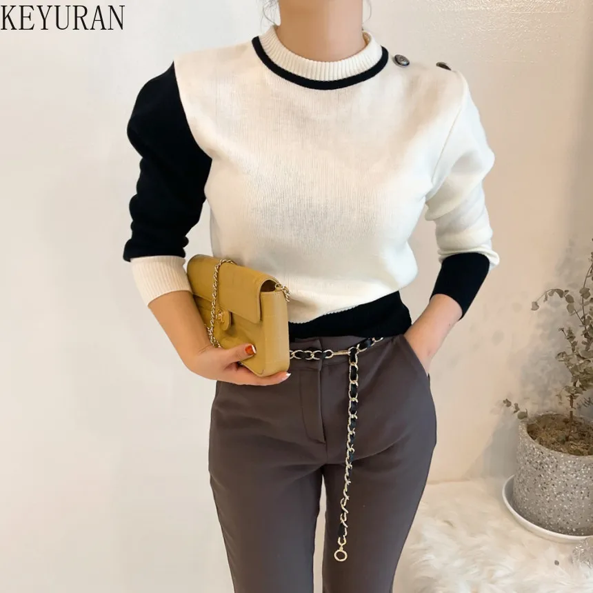 Autumn Winter Woman\'s Sweaters Fashion Color-blocked Patchwork O-Neck Casual Long Sleeve Female Pullover Knitted Tops Clothing