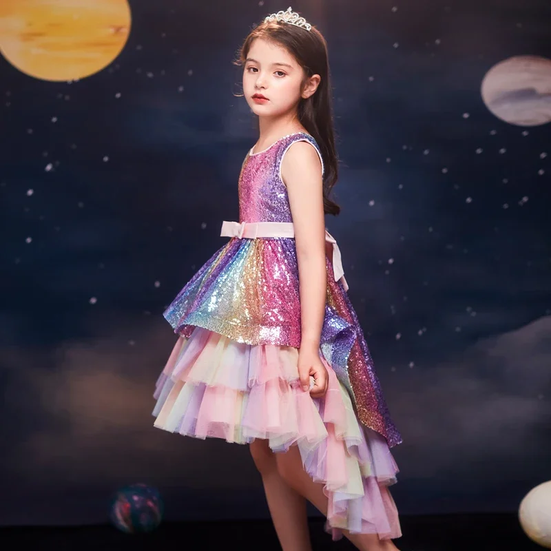 Falda mullida con lentejuelas para esmoquin para niña, falda de princesa colorida sin mangas, precioso programa de presentador de espectáculo elegante aplicable