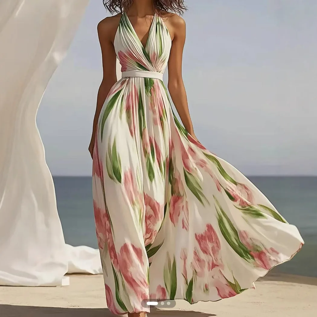 

Sleeveless Patchwork Party Dress Summer Women's V-neck Backless Maxi Dress Elegant Temperament Printed Beach Style Dress