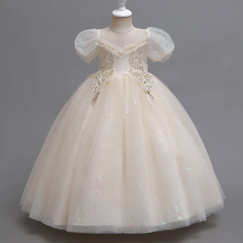 Vestido elegante de estilo clásico para niña, falda, flor, cena de boda, vestido largo con mangas abullonadas # C2208