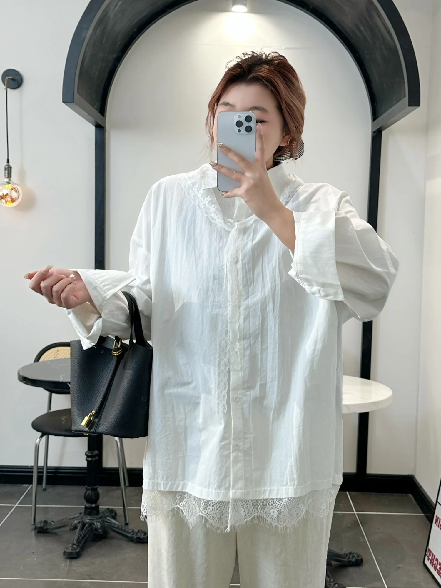 

plus Size Women's Shirt Lace Splicing Loose Slimming Simple Style Spring New Korean Style Long Sleeve Cotton Blend Blouse