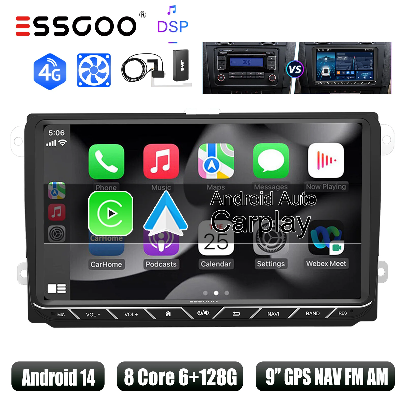 ESSGOO Autoradio 9" Android 14 6+128GB 8-core met Wireless Carplay voor VW Golf 5 6 Passat Polo Touran Tiguan Jetta, Android Auto, 4G DSP, GPS Navigatie, WiFi, FM/AM/RDS - afbeelding 1