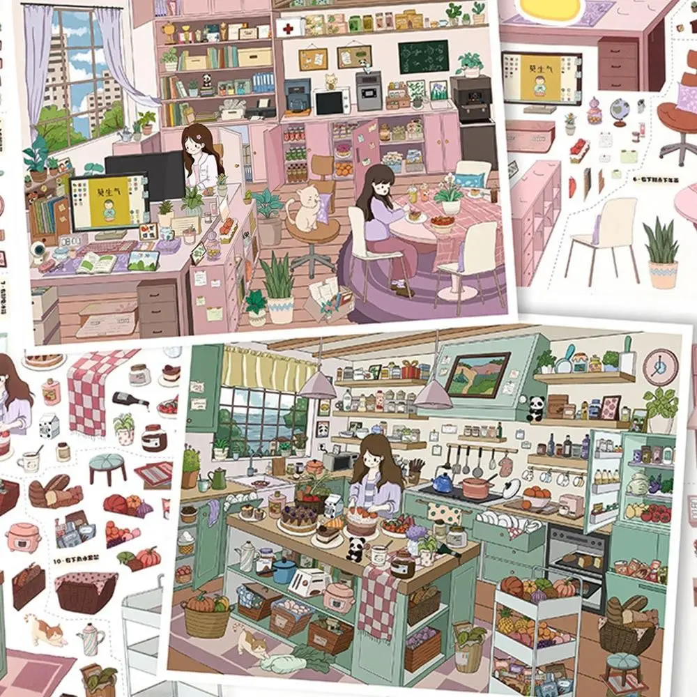 Kawaii Design Landscape Sticker Comfortable Work Dessert Theme 3D Sticker Cabin Scene Kitchen Sticker Festival Decoration