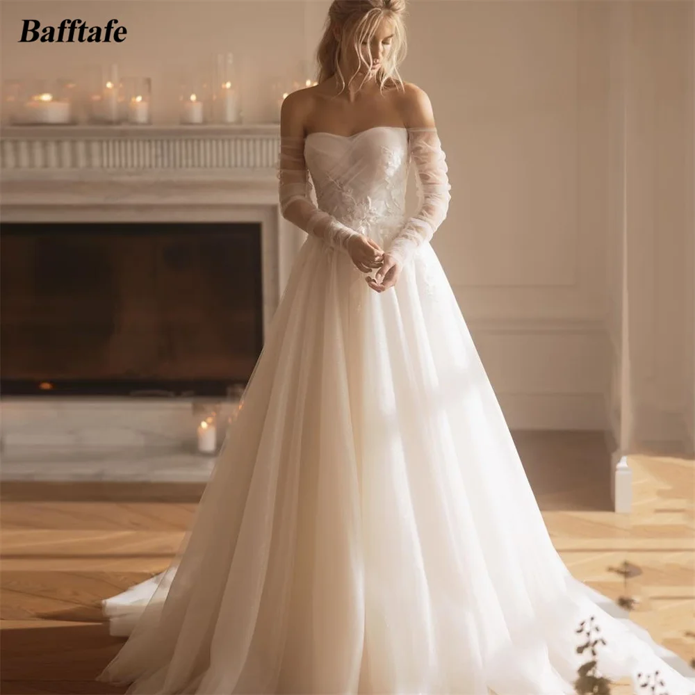 

Bafftafe A Line Long Sleeves Wedding Dresses Beaded 3D Flowers Appliques Lace Bride Party Wedding Gowns Sweep Train Bridal Gown