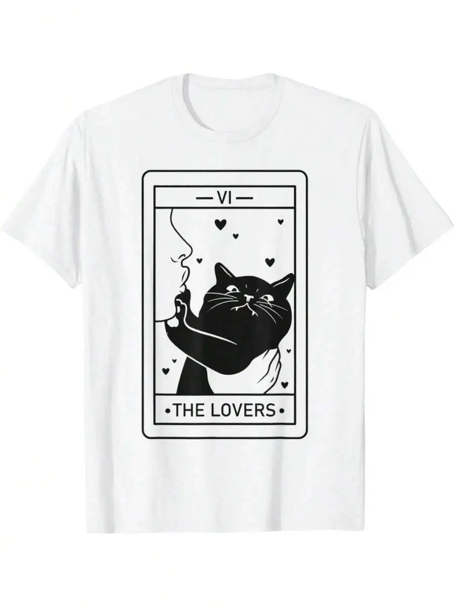 Black Tarot Halloween Witchy Cat The Lovers Men Women T-Shirt Print, Perfect For Outdoor Work,And Laid-Back Moments 100% Cotton