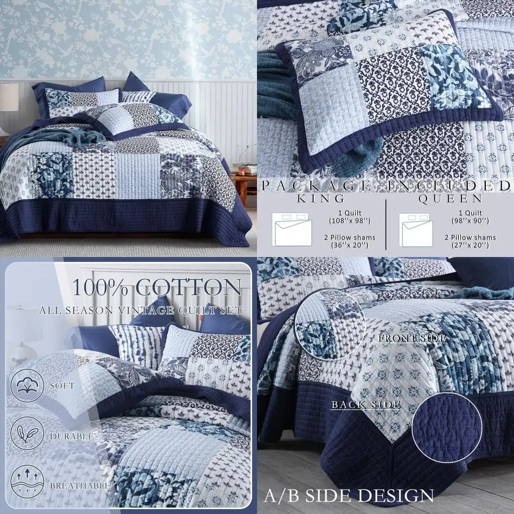 

Винтажный лоскутный комплект из трех двухсторонних хлопковых покрытий с цветочным принтом и синими одеялами с узором пейсли