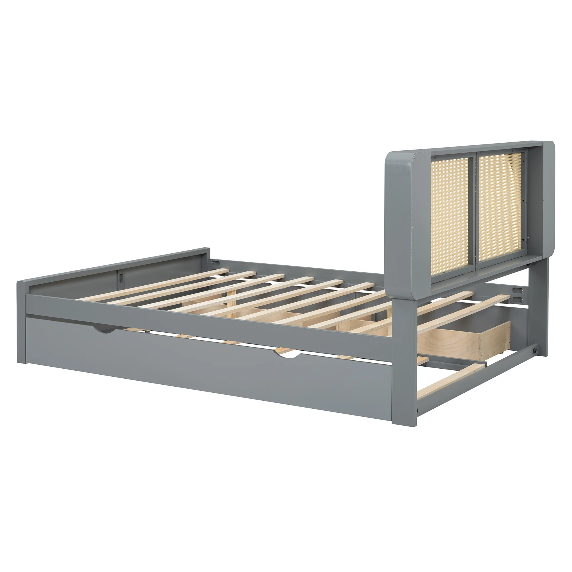 US Queen Bed Frame With Rattan Headboard And Pull Out Trundle, Bed Frame With 2 Storage Drawers And Strong Wood Slats Support