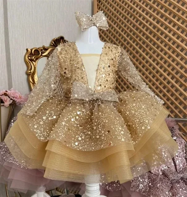 Vestido de flores de manga larga para niña, ropa de fiesta con lazo plateado, Puff escalonado, bonito, de primera comunión