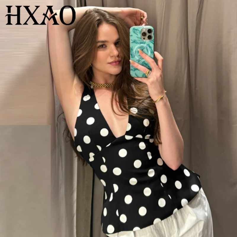 HXAO 2025 Damski Top typu Halter z Motylem, Seksowne Topiki i Koszulki na Ramiączkach, Gorset z Kokardą, Bluzki w Kropki dla Kobiet, Modny Bezrękawnik z Odkrytymi Plecami
