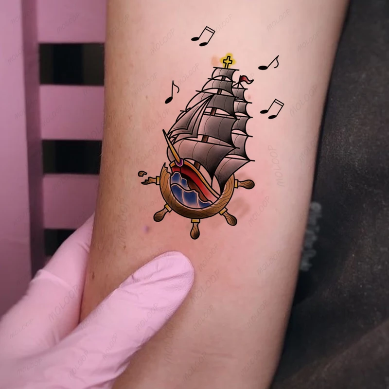 Tattoo Sticker Sailboat Ship Rudder Music Note Cross Pattern Waterproof Temporary Hand Chest Arm Makeup for Women Men Body Art