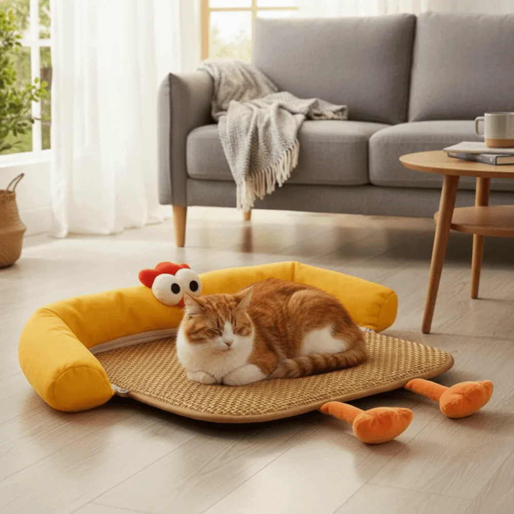 

Breathable Cat Cooling Mat Non Slip Anti-scratch Dog Sleeping Mattress Cartoon Chick Shape Woven Pet Sofa Bed Summer
