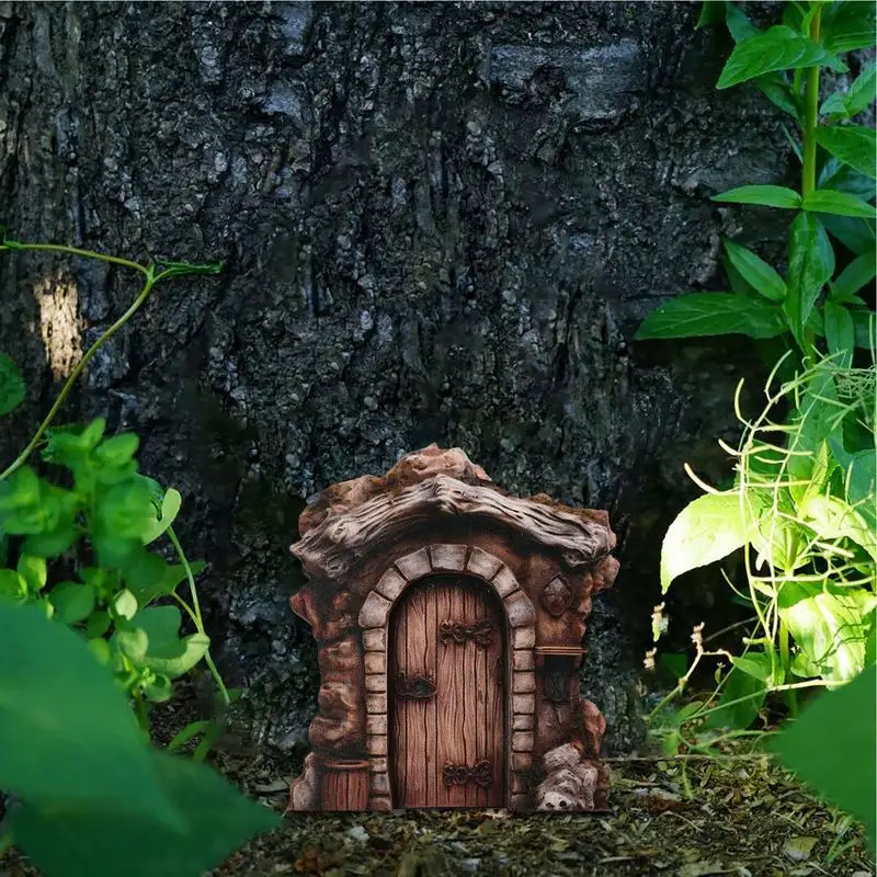 Puerta en miniatura de hadas de madera para jardín, puerta de hadas de elfo, escultura de patio, puertas de Arte de jardín de hadas para árboles al aire libre, hogar de hadas