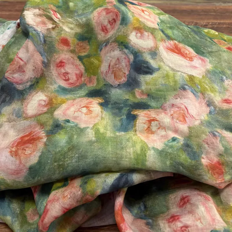 

1yard Unique green rose print telas High quality New Style ramie fabric Fashion cheongsam Gown Dress fabrics for clothing