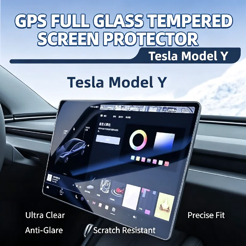 Für Tesla Model Y 21-24 Vollglas-Schutzfolie für den Bildschirm, gehärtete Folie für die Navigation und die Mittelkonsole, kratzfeste Folie – Detail 1