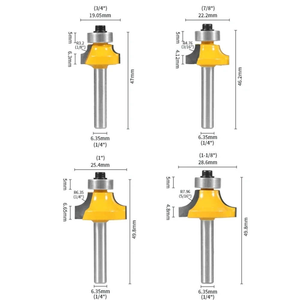 6mm 6.35mm 8mm 12mm 12.7mm Shank Corner Round Over Router Bit Tungsten Carbide Milling Cutter for Wood Woodworking Face Mill