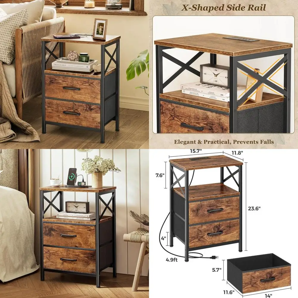 

Pair of Rustic Brown Nightstands with USB-C Charging, 2-Drawer Side Tables for Small Spaces