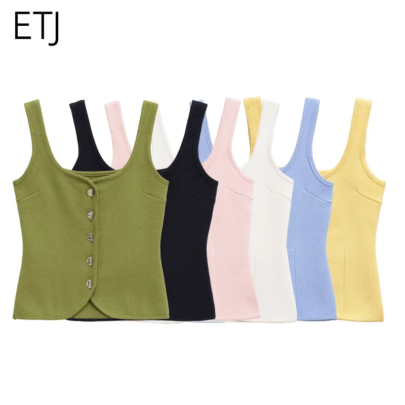 

ETJ 2025 новый женский простой модный корсет на пуговицах с круглым вырезом и ремешком на шее, вязаный жилет