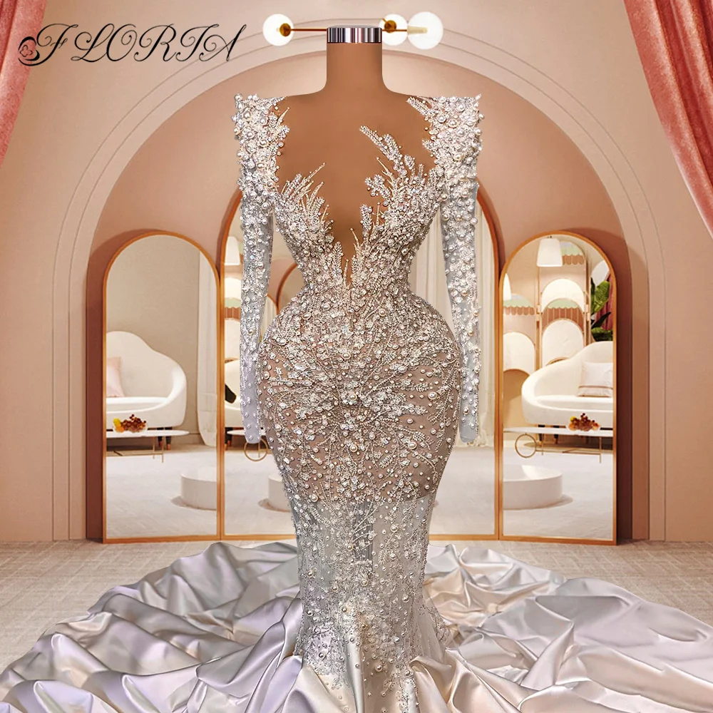 Vestido De Noiva Luxury Pearls Crystal Mermaid Wedding Dress 2023 Couture Long Sleeve Overskirt Lace Bridal Gown African Woman