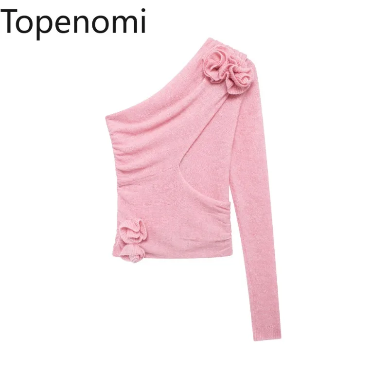 Topenomi Pink Flower Sweater Women 2024 Autumn Long Sleeve Cropped Knitted Pullover Sexy Y2k Asymmetrical Folds Slim Short Tops