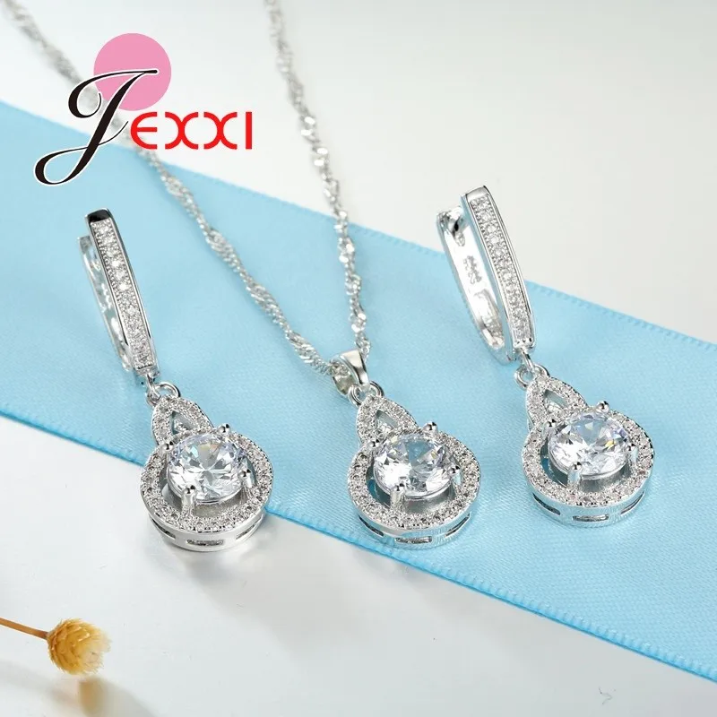Round Shape Jewelry Set Silver And Shining Crystal Necklace Chain Pendent Earrings Set For Women Best Gift For Birthday