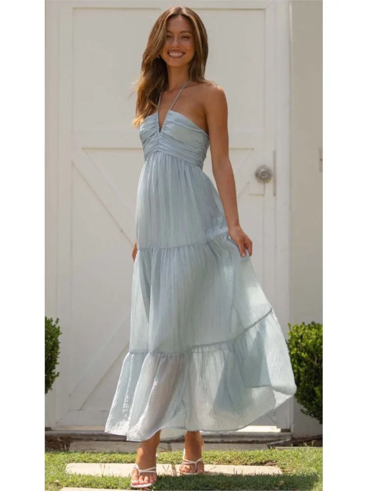 レディース サマー新作 ホルターネック Vネック ノースリーブ 花柄 フローイ Aライン マキシ丈ワンピース ボヘミアン バックレス パゲッティストラップ ロング ビーチドレス