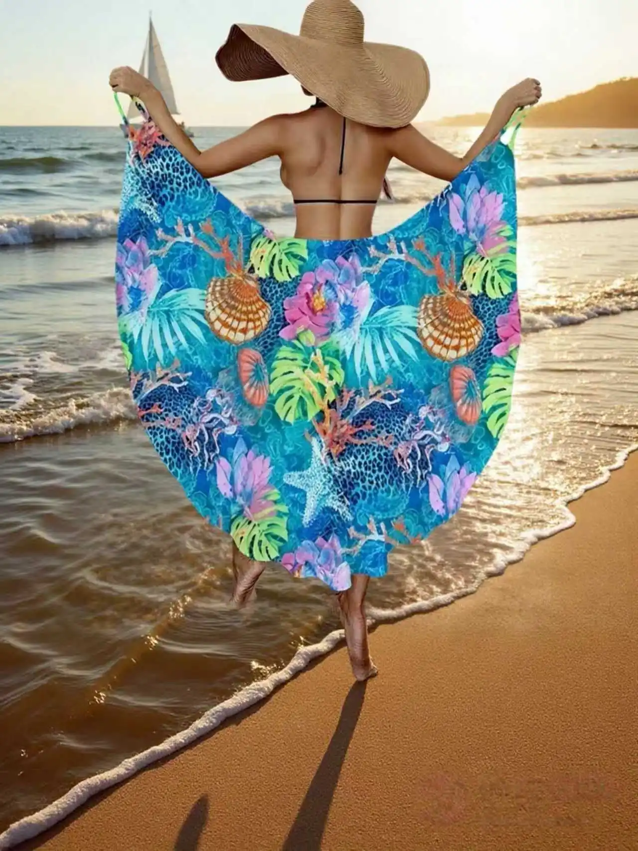 

Женское пляжное платье-накидка с принтом океана, отпускное платье-шаль с открытыми плечами, платье-халат, платье на тонких бретельках