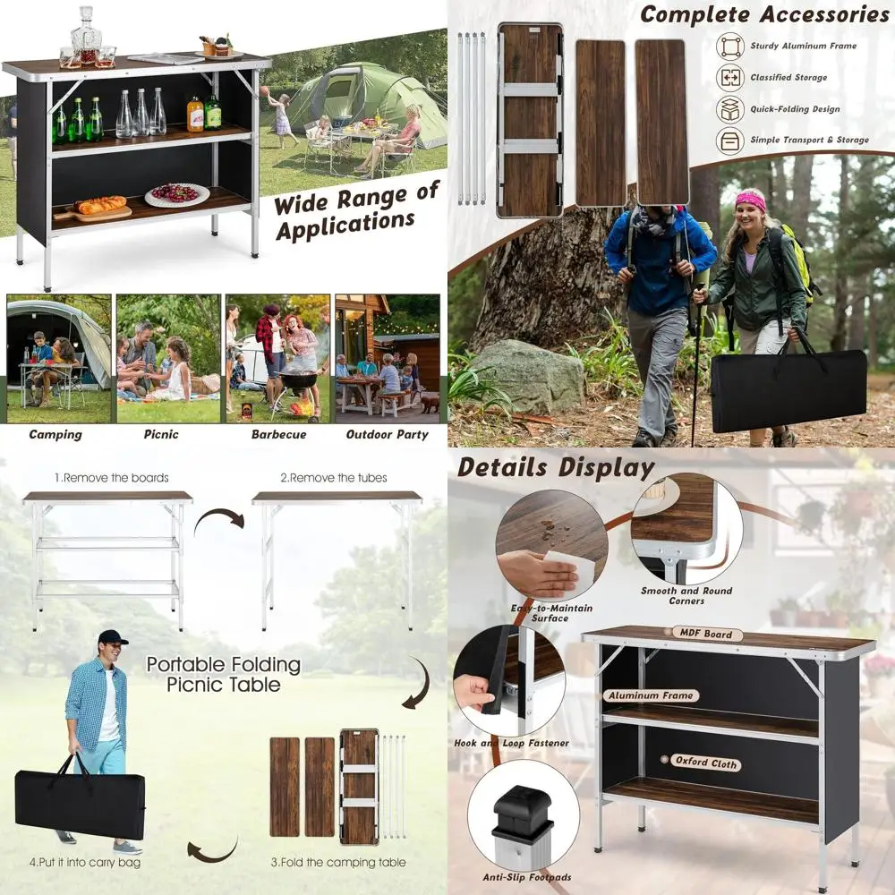 

Portable Folding Camping Table with 2-Tier Storage, Carry Bag, Removable Cover for Outdoor Picnics, BBQs, Parties, and Travel