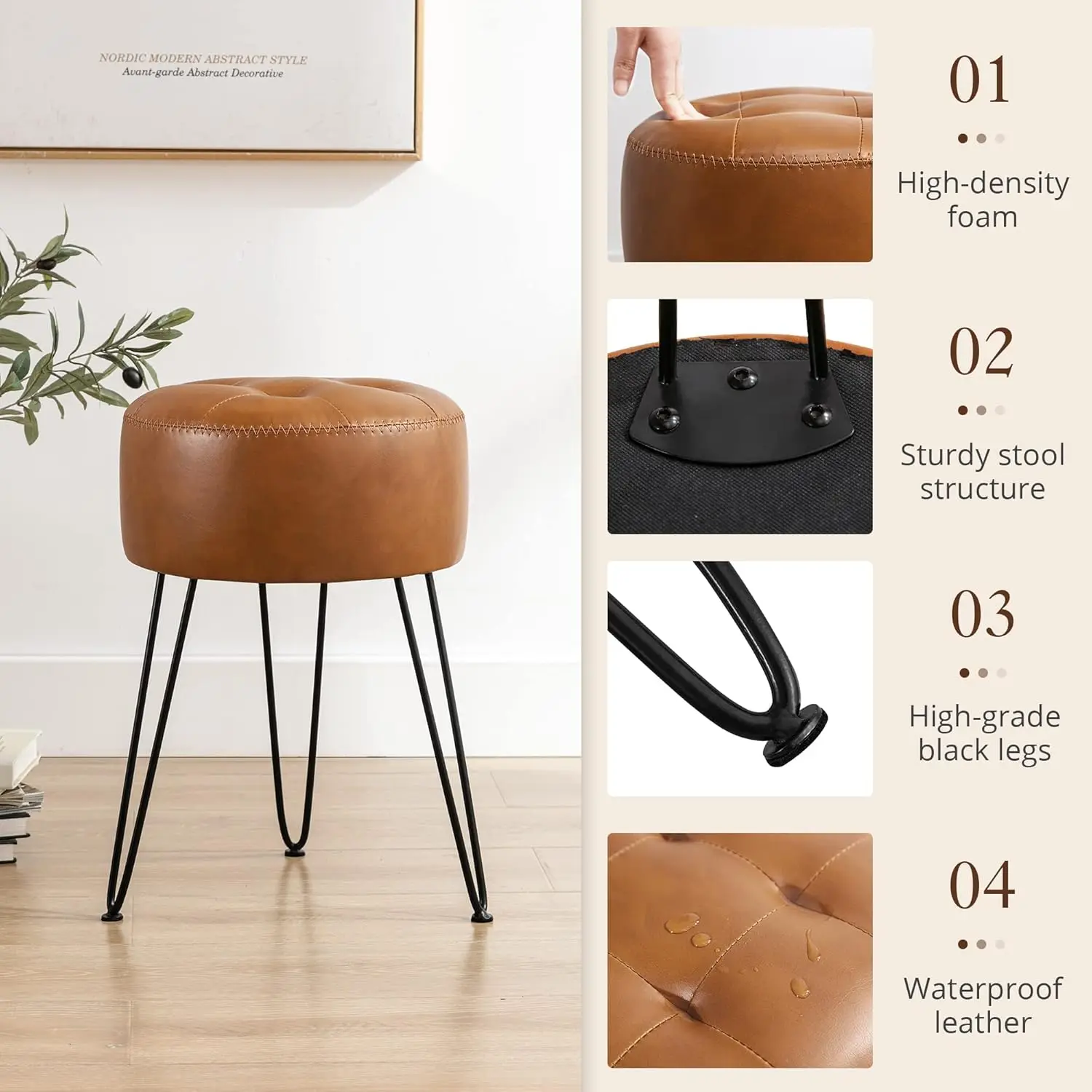 Faux Leather Vanity Stool Chair for Makeup Room, Brown Stool for Vanity, 19” Height, Tufted Small Vanity Chair Stool