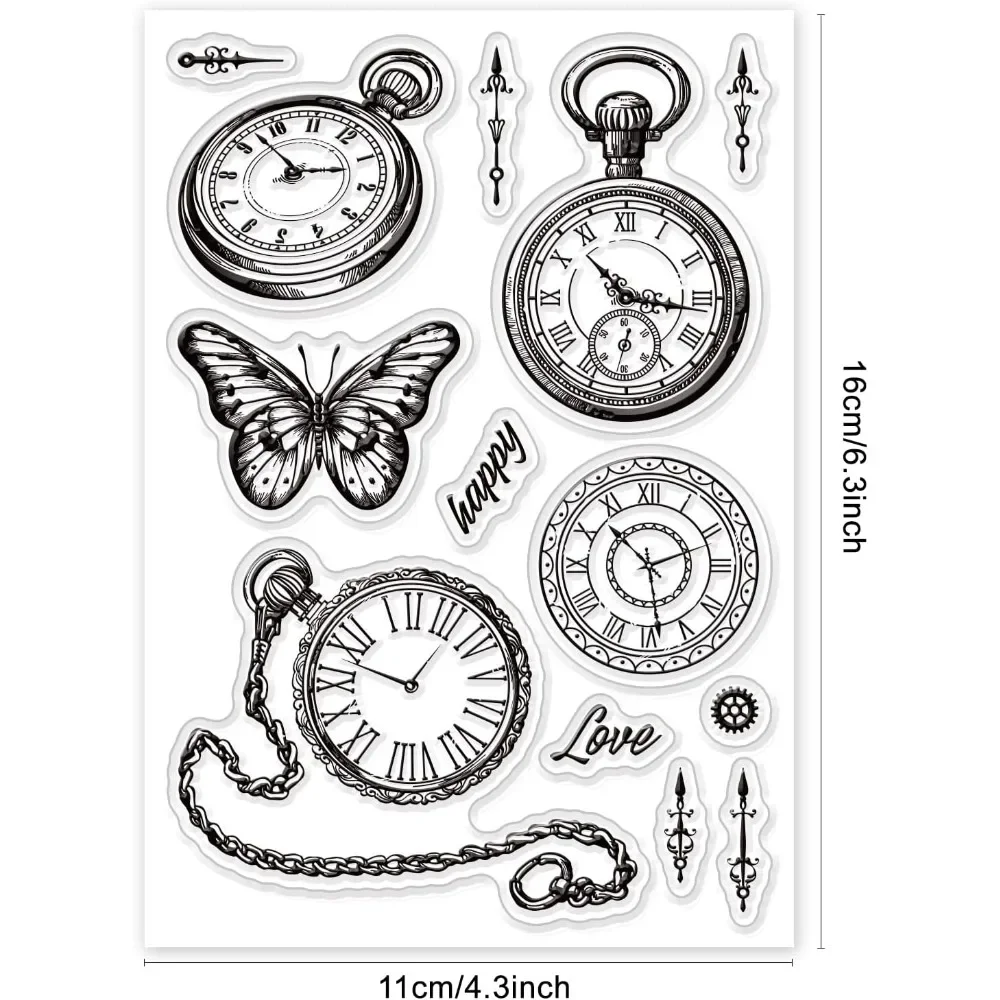 Vintage Clock Silicone Clear Stamp Pocket Watch Transparent Silicone Stamp Butterfly Rubber Stamp for Scrapbook Journal Card