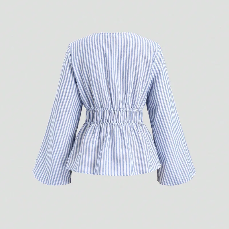 Camisa elegante de manga larga a rayas con cinturón, moda transfronteriza para mujer, camisa informal Sexy ajustada con cuello redondo para otoño
