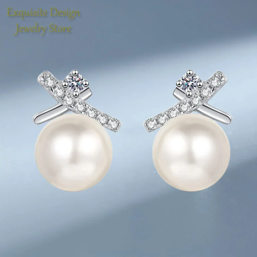 Women's Cross Design Simple Platinum Earrings with 6mm Freshwater Pearl,  Sparkling10 Points Moissanite PT950 Ear Studs Gifts