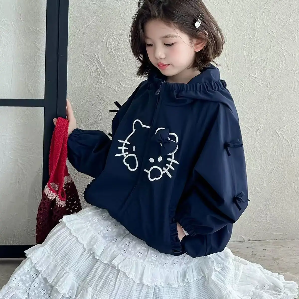 

Korean Style Cartoon Hello Kitty Children Hooded Jacket Sanrio Girl Kawaii Fashion Casual Clothes Outdoor Jackets Windproof Coat