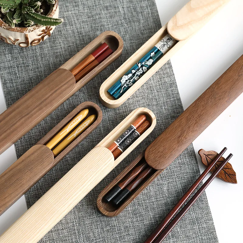 

Japanese Sushi Chopsticks Box Home Tableware Holder Black Walnut Wooden Portable Travel Outdoor Chopsticks Case Cutlery Box