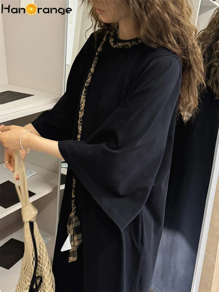 HanOrange 2025 zomer minimalistische ontspannen H-vormige T-shirtjurk effen kleur losse 100% katoenen jurk zwart/mintgroen