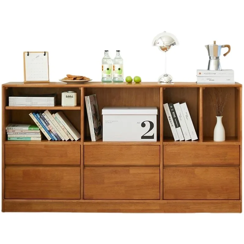 

Solid wood rubber wood Chinese multi-layer with drawers locker universal floor bookshelf household storage living room